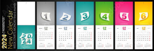 2024 New modern Business Desktop Calendar with blown paper on colorful background. Week starts Monday first 6 month