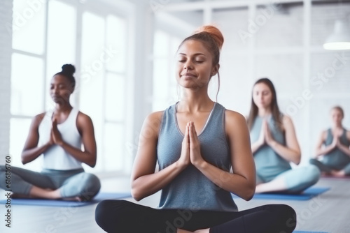 Group of mixed race women practicing yoga in the gym 