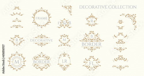 Set of decorative elements in classical style. Floral ornamental monogram frames and borders.