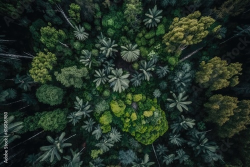 aerial view of a dense forest with a canopy of trees. Generative AI © AkuAku