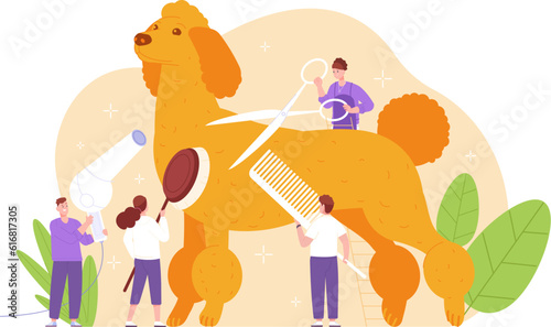 People grooming dog. Tiny groomers or hairdressers trimming fur of beautiful doggy, groomer salon pet care service concept, puppy dogs hairdresser tool vector illustration