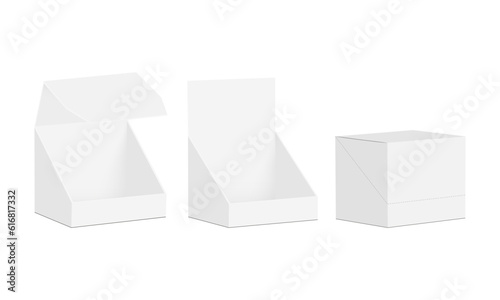 Square Counter Display Box Mockup, Opened and Closed, Isolated on White Background. Vector Illustration