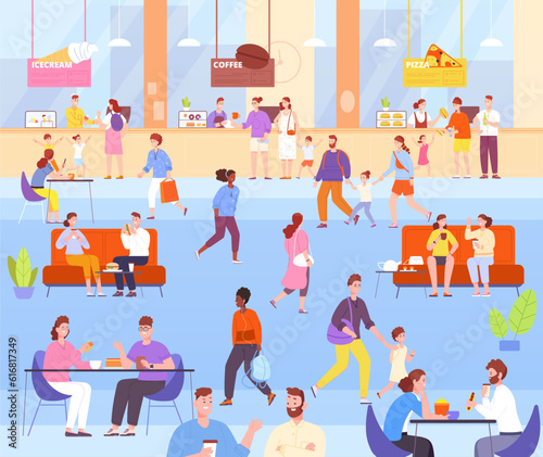 People food court. Retail restaurant counter mall cafe, client eating breakfast lunch meal inside cafeteria shopping store buffet dinner eat customer, splendid vector illustration