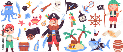 Childish pirate set. Cartoon cute kid pirates carnival costume, kid sailor captain character sea adventure island treasure chest parrot pirats bird, ingenious vector illustration