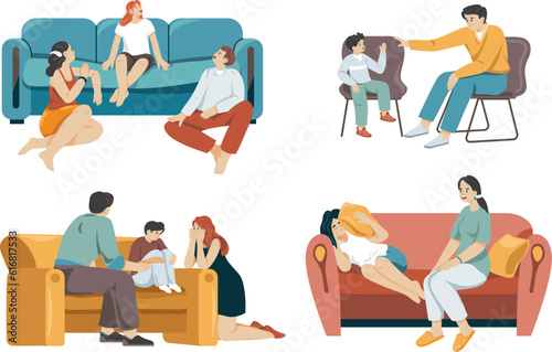 Parents talking to children. Serious conversation parent and child, discussion with teenager father talking explain or scolded son kids sharing problems, recent vector illustration