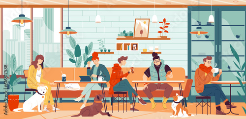 Pet friendly restaurant. Pets owners waiting friends in pet-friendly cafe, people with puppy dog or cat lunch meeting drinking coffee, animals lifestyle garish vector illustration
