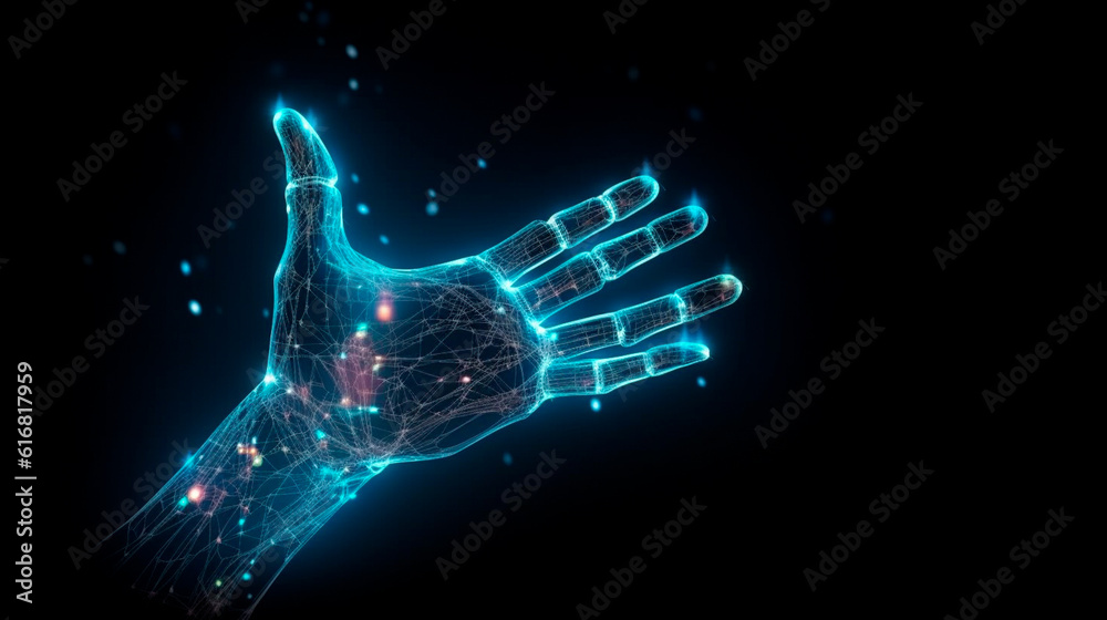 Digital hand hologram on dark background with copy space. Neural ...
