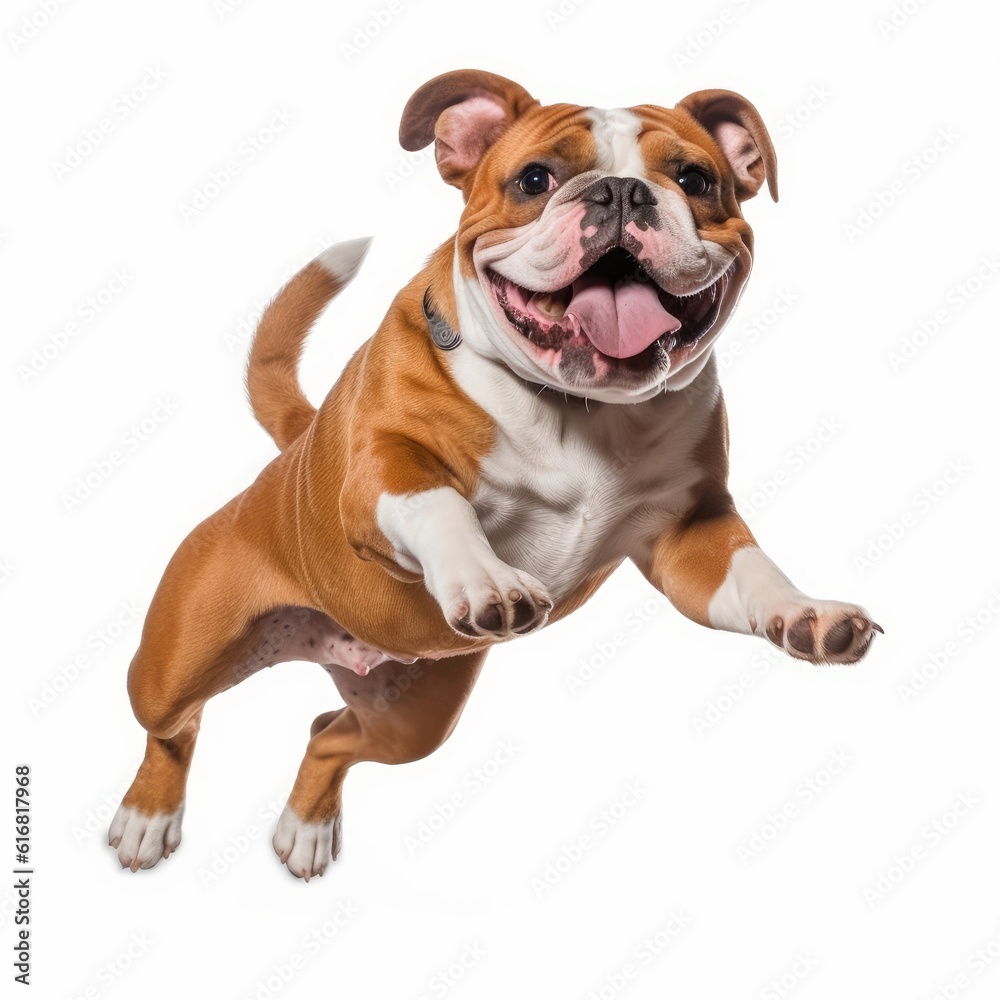 Jumping Bulldog Dog. Isolated on Caucasian, White Background. Generative AI.