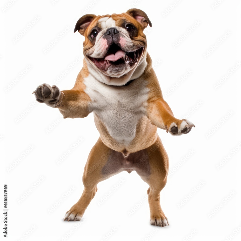 Jumping Bulldog Dog. Isolated on Caucasian, White Background. Generative AI.