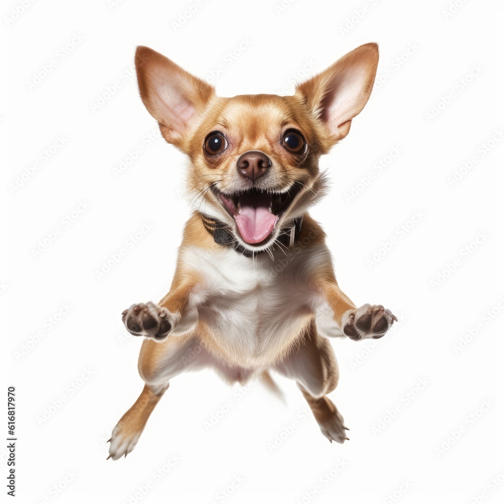 Jumping Chihuahua Dog. Isolated on Caucasian, White Background. Generative AI.