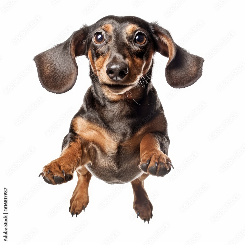 Jumping Dachshund Dog. Isolated on Caucasian, White Background. Generative AI.