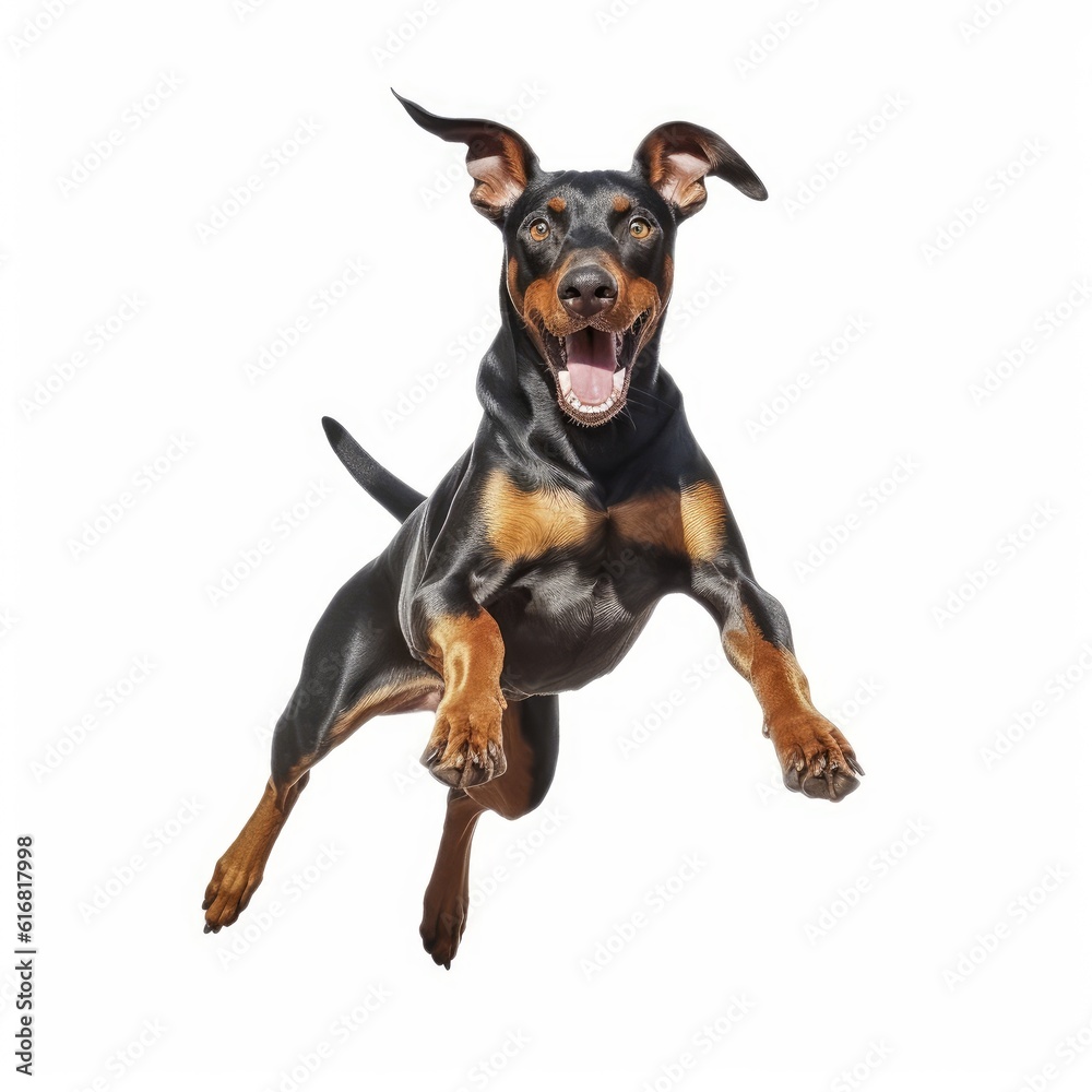 Jumping Doberman Pinscher Dog. Isolated on Caucasian, White Background. Generative AI.