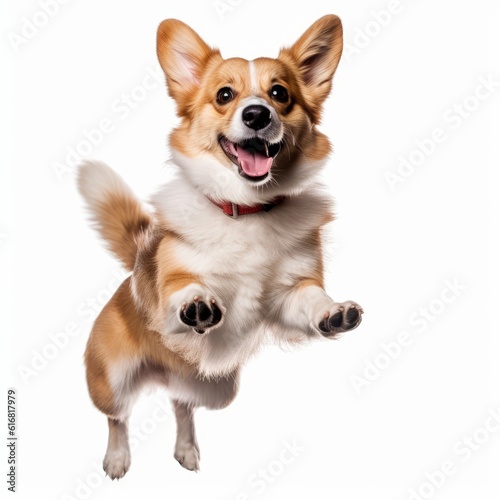 Jumping Corgi Dog. Isolated on Caucasian  White Background. Generative AI.