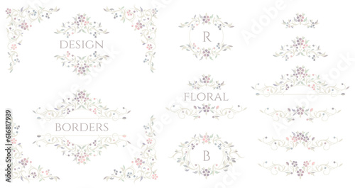 Floral monograms and borders, frames for cards, invitations, menus, labels. Classic ornament. Graphic design pages. Color design.