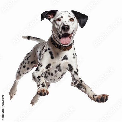 Jumping Dalmatian Dog. Isolated on Caucasian, White Background. Generative AI.