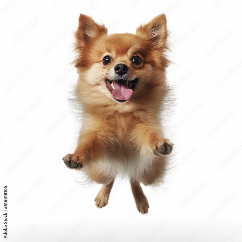 Jumping Pomeranian Dog. Isolated on Caucasian, White Background. Generative AI.