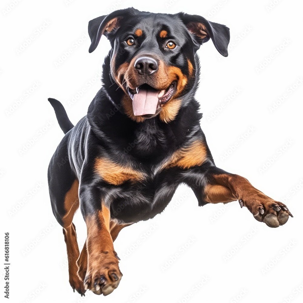 Jumping Rottweiler Dog. Isolated on Caucasian, White Background. Generative AI.
