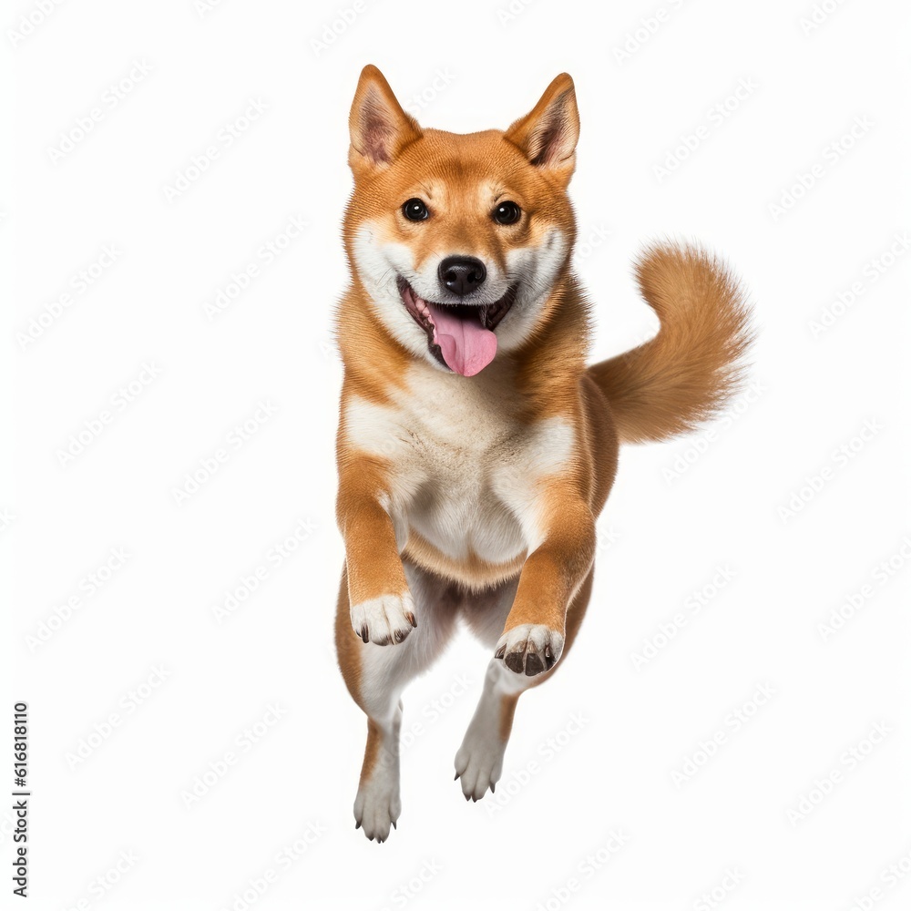 Jumping Shiba Inu Dog. Isolated on Caucasian, White Background. Generative AI.