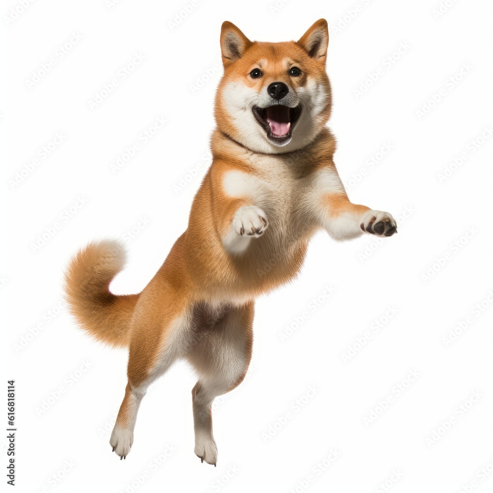 Jumping Shiba Inu Dog. Isolated on Caucasian, White Background. Generative AI. Jumping Shiba Inu Dog. Isolated on Caucasian, White Background. Generative AI.