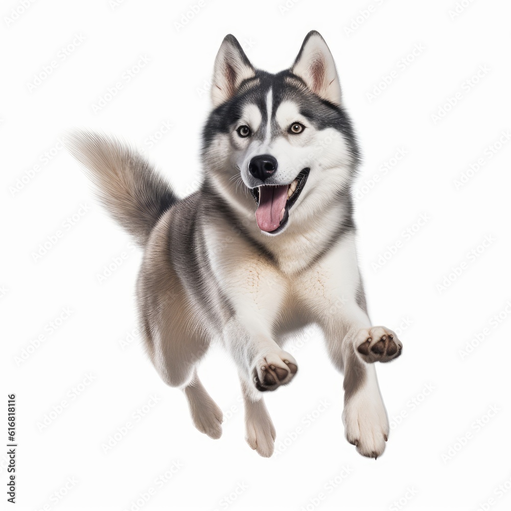 Jumping Siberian Husky Dog. Isolated on Caucasian, White Background. Generative AI.