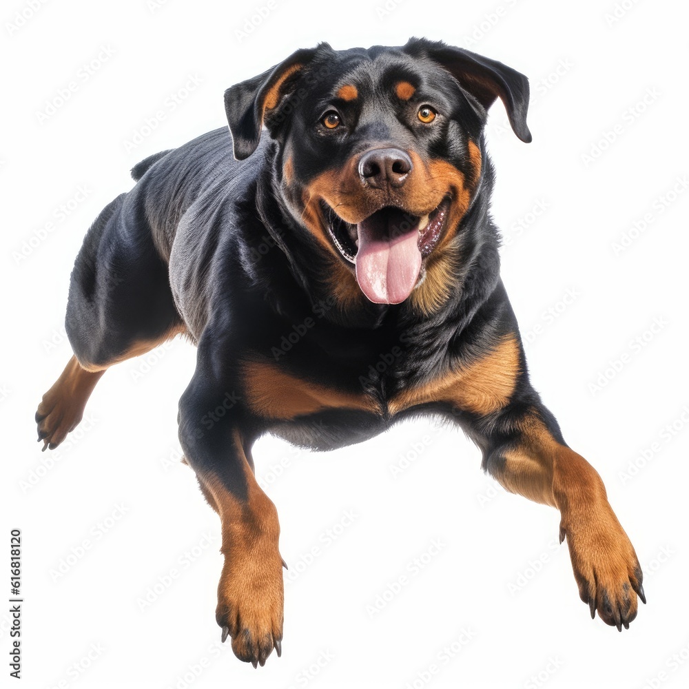 Jumping Rottweiler Dog. Isolated on Caucasian, White Background. Generative AI.
