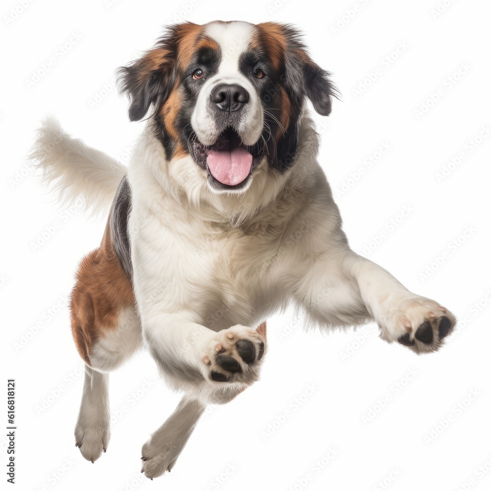 Jumping Saint Bernard Dog. Isolated on Caucasian, White Background. Generative AI. Jumping Saint Bernard Dog. Isolated on Caucasian, White Background. Generative AI.