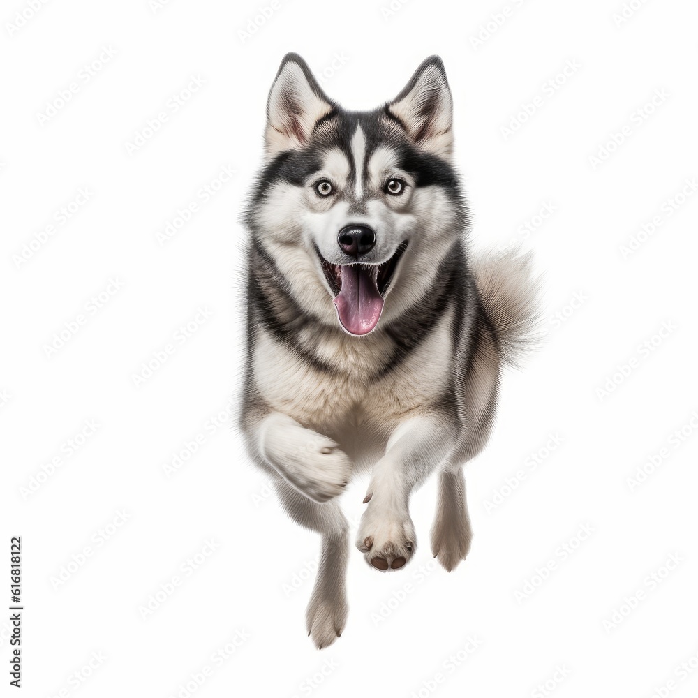Jumping Siberian Husky Dog. Isolated on Caucasian, White Background. Generative AI.