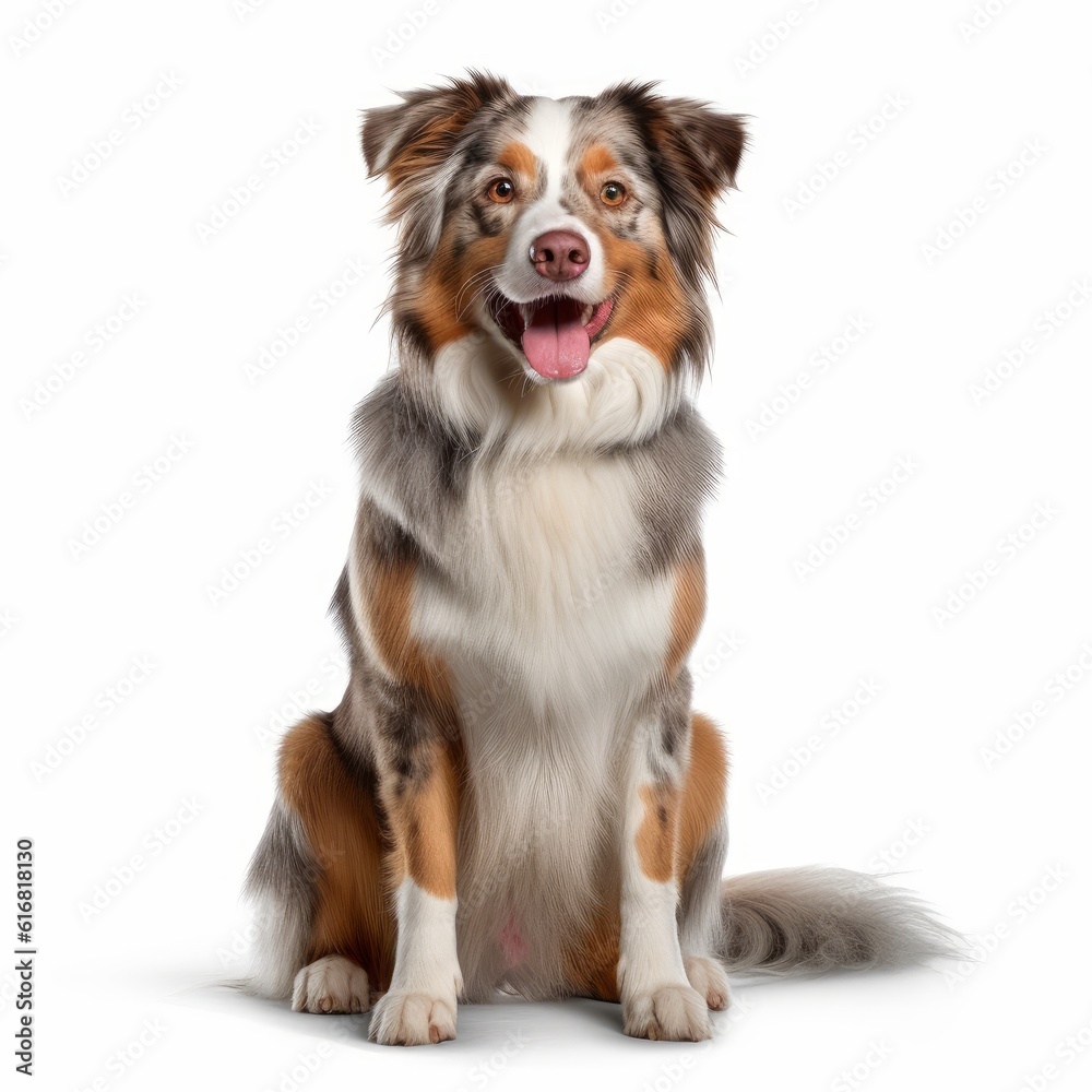 Sitting Australian Shepherd Dog. Isolated on Caucasian, White Background. Generative AI. Sitting Australian Shepherd Dog. Isolated on Caucasian, White Background. Generative AI.