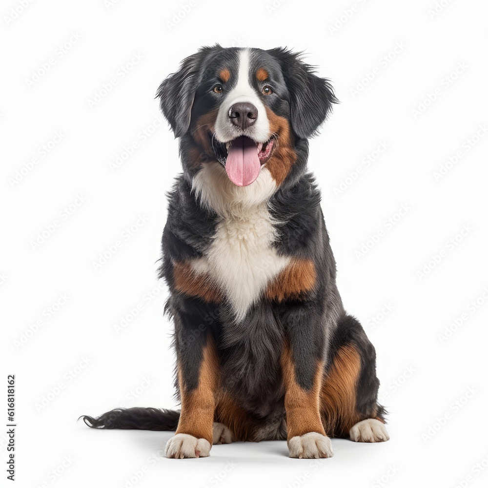 Sitting Bernese Mountain Dog. Isolated on Caucasian, White Background. Generative AI.