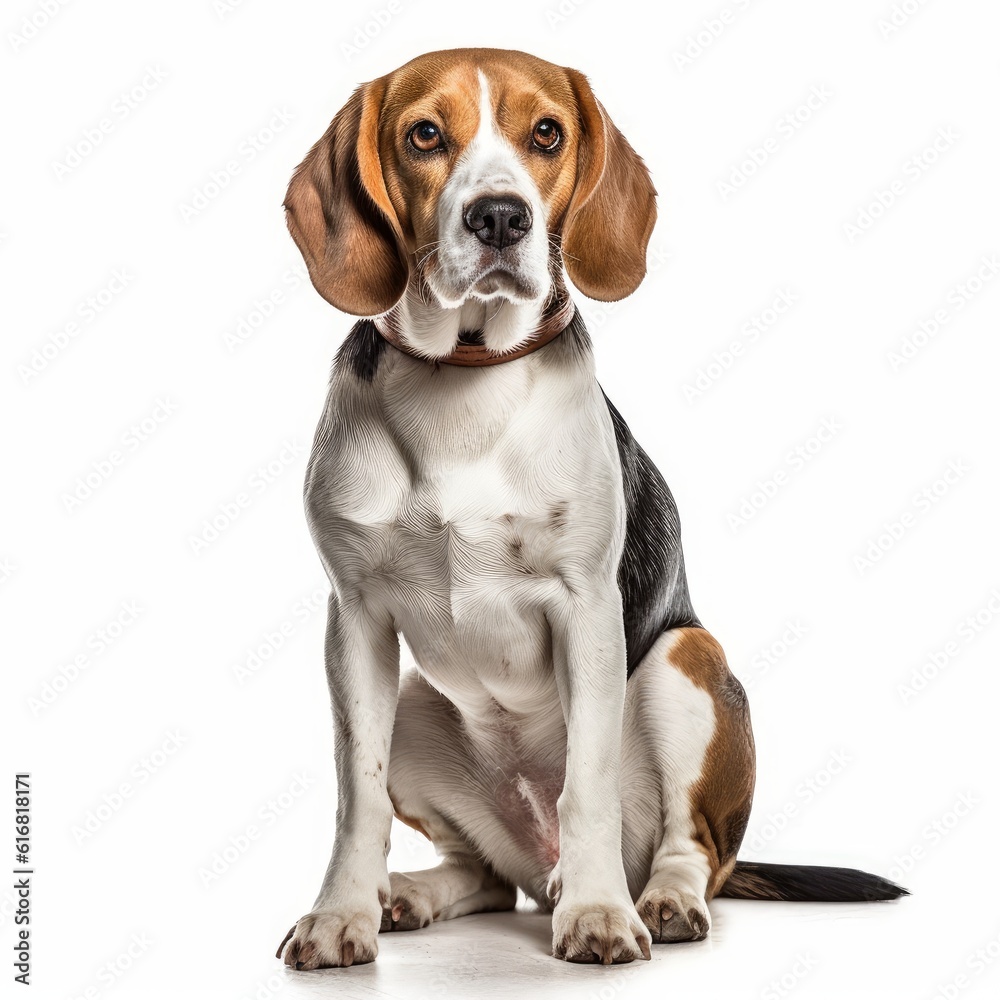Sitting Beagle Dog. Isolated on Caucasian, White Background. Generative AI.