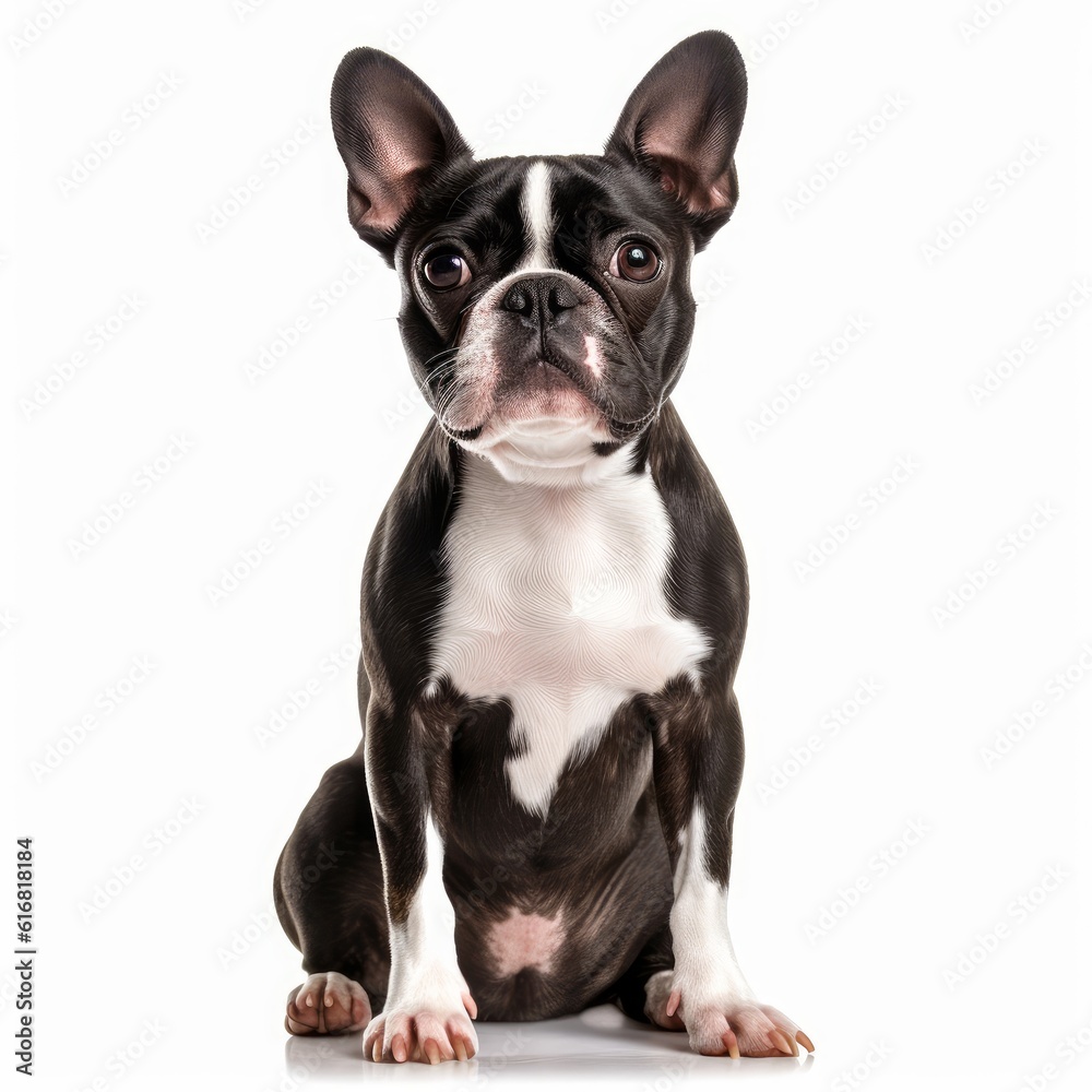 Sitting Boston Terrier Dog. Isolated on Caucasian, White Background. Generative AI.