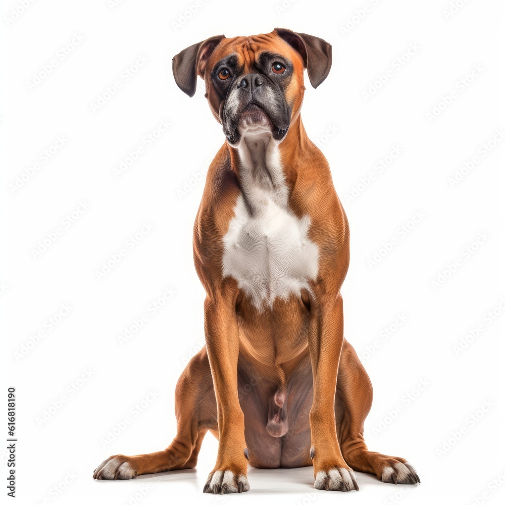 Sitting Boxer Dog. Isolated on Caucasian, White Background. Generative AI.