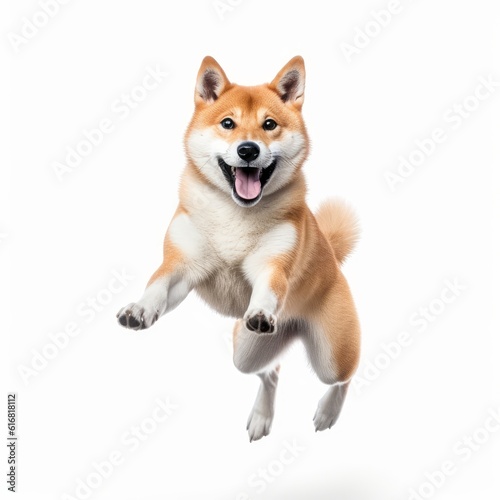 Jumping Shiba Inu Dog. Isolated on Caucasian  White Background. Generative AI.