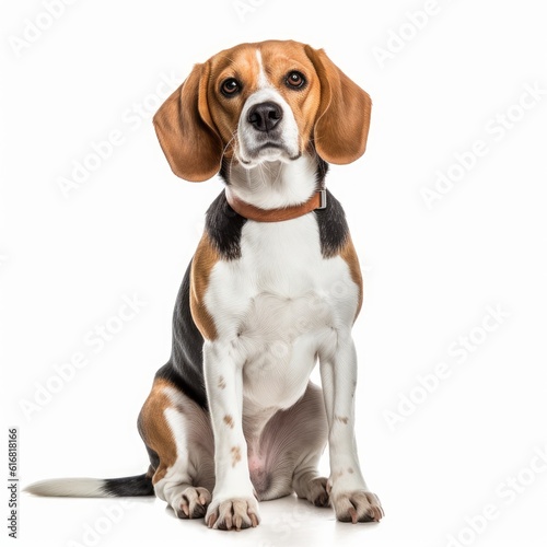 Sitting Beagle Dog. Isolated on Caucasian, White Background. Generative AI. © bomoge.pl