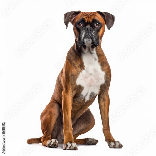 Sitting Boxer Dog. Isolated on Caucasian, White Background. Generative AI. © bomoge.pl
