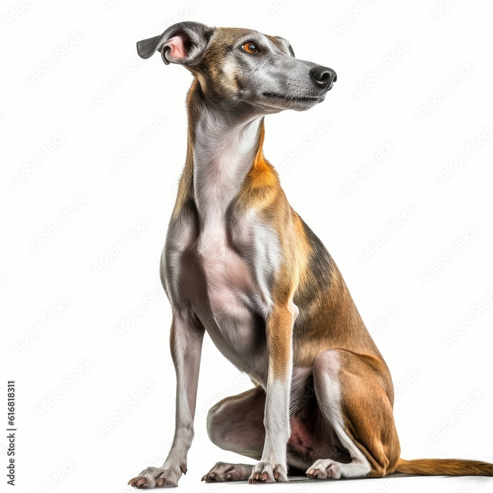 Sitting Greyhound Dog. Isolated on Caucasian, White Background. Generative AI.