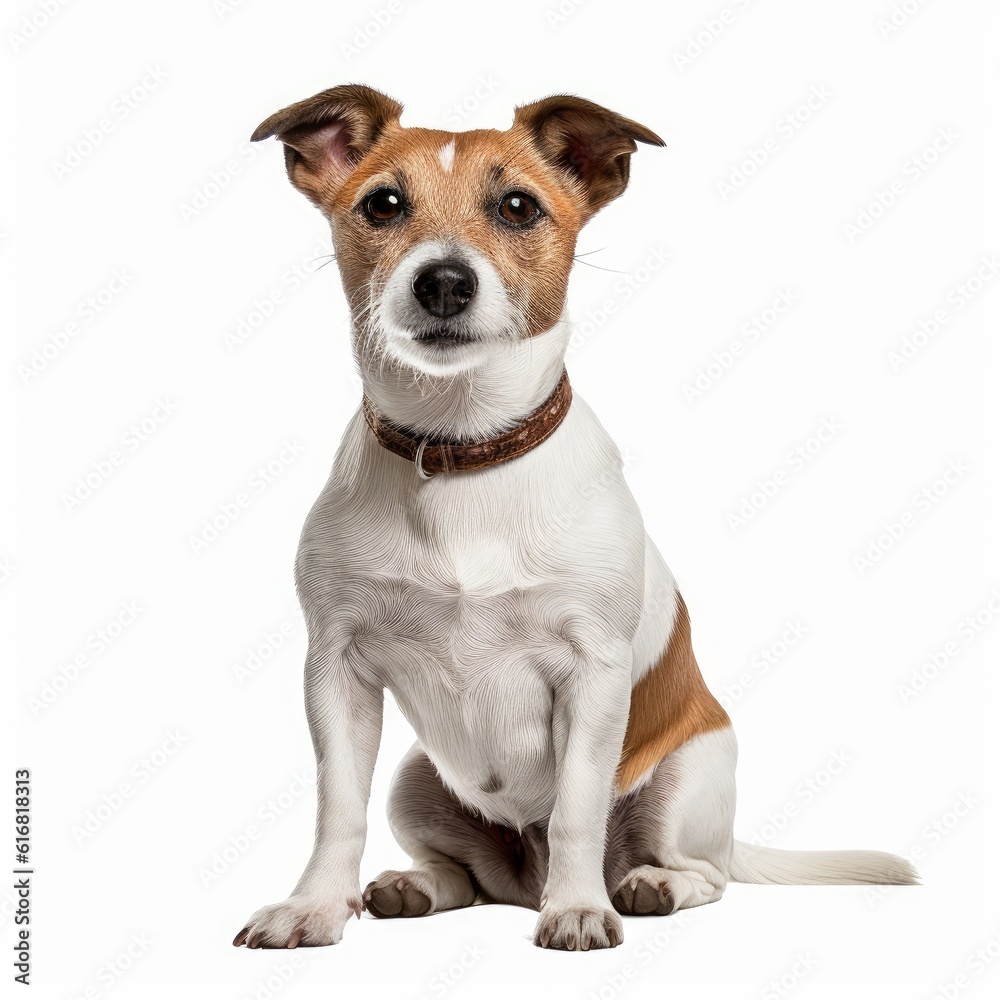 Sitting Jack Russell Terrier Dog. Isolated on Caucasian, White Background. Generative AI.