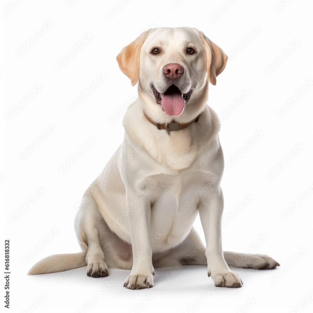 Sitting Labrador Retriever Dog. Isolated on Caucasian, White Background. Generative AI.