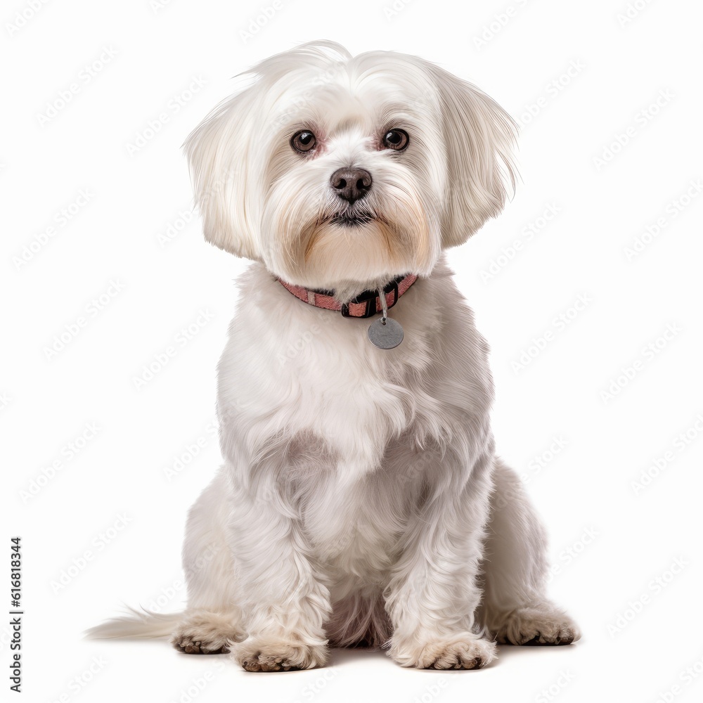 Sitting Maltese Dog. Isolated on Caucasian, White Background. Generative AI.