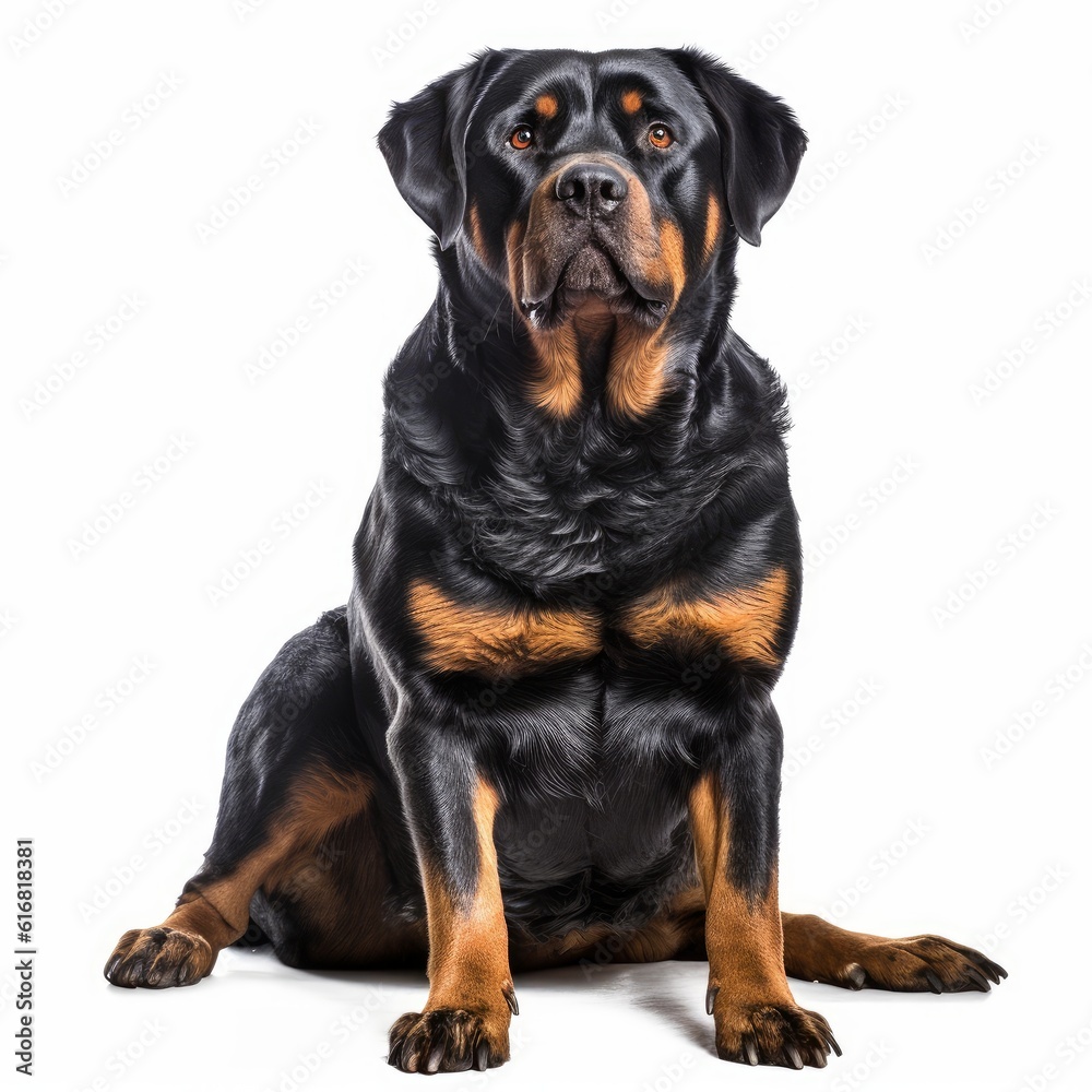 Sitting Rottweiler Dog. Isolated on Caucasian, White Background. Generative AI.
