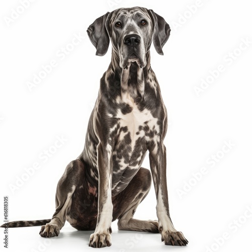 Sitting Great Dane Dog. Isolated on Caucasian, White Background. Generative AI.