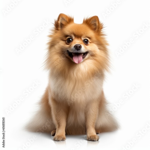 Sitting Pomeranian Dog. Isolated on Caucasian, White Background. Generative AI.