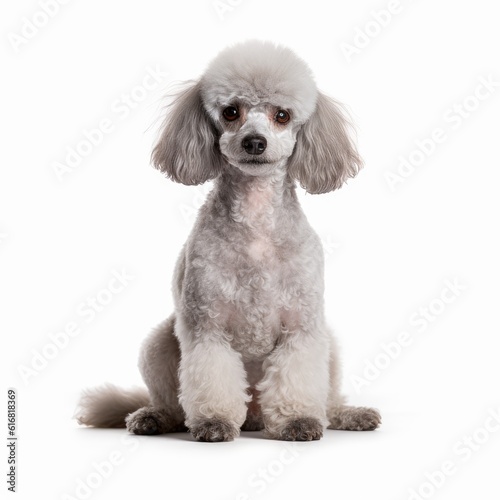 Sitting Poodle Dog. Isolated on Caucasian, White Background. Generative AI.