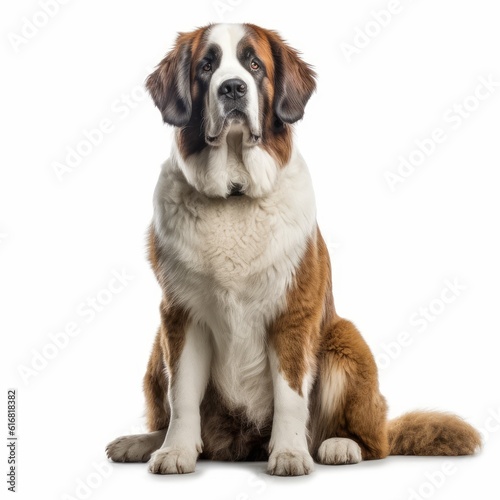 Sitting Saint Bernard Dog. Isolated on Caucasian, White Background. Generative AI. photo