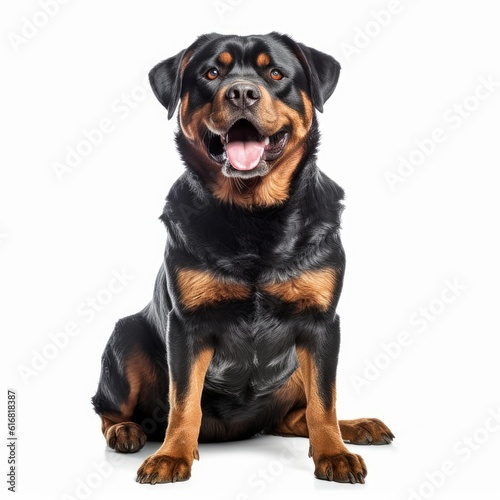 Sitting Rottweiler Dog. Isolated on Caucasian, White Background. Generative AI.