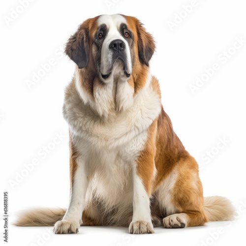 Sitting Saint Bernard Dog. Isolated on Caucasian, White Background. Generative AI.