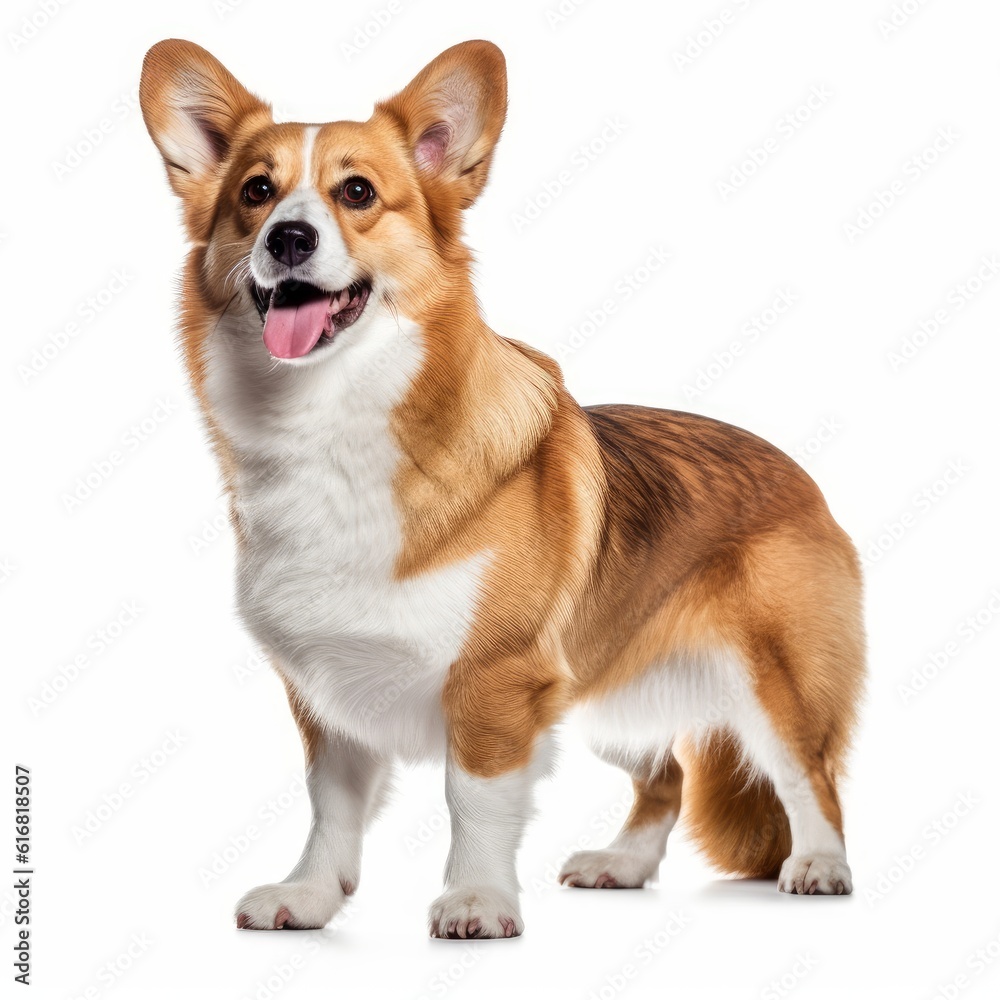 Standing Corgi Dog. Isolated on Caucasian, White Background. Generative AI.