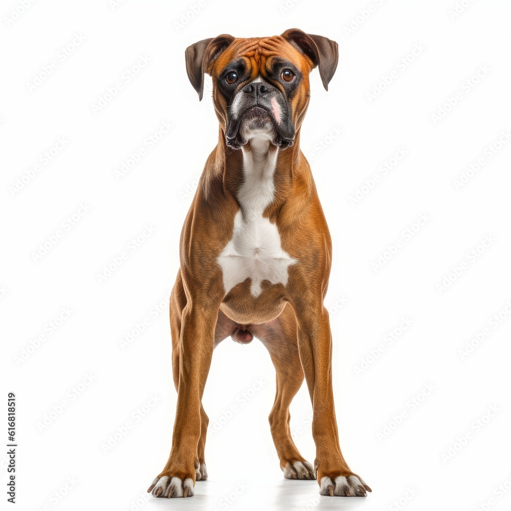 Standing Boxer Dog. Isolated on Caucasian, White Background. Generative AI.