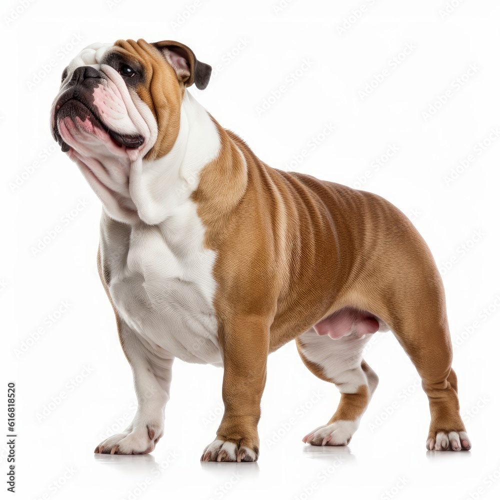 Standing Bulldog Dog. Isolated on Caucasian, White Background. Generative AI.