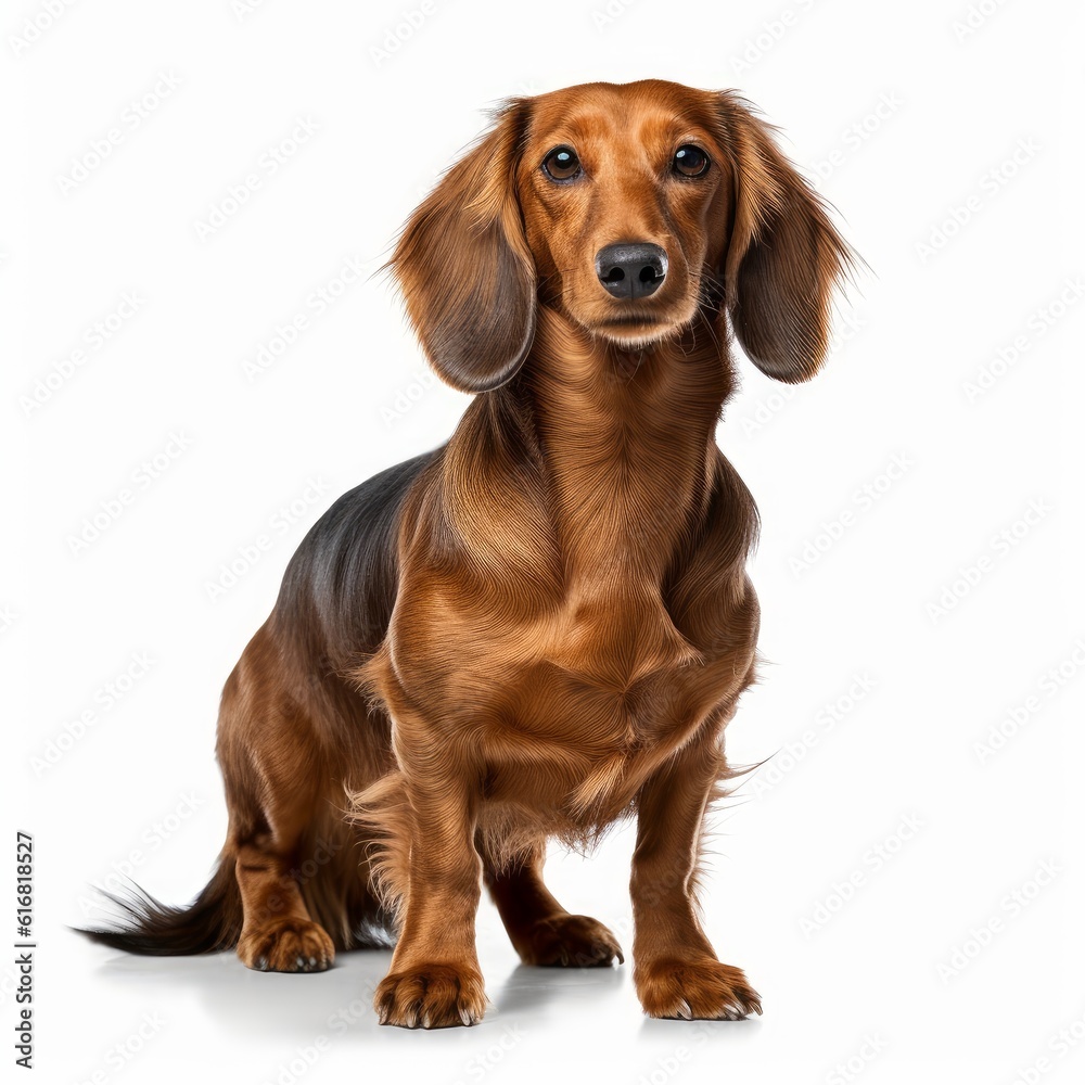 Standing Dachshund Dog. Isolated on Caucasian, White Background. Generative AI.